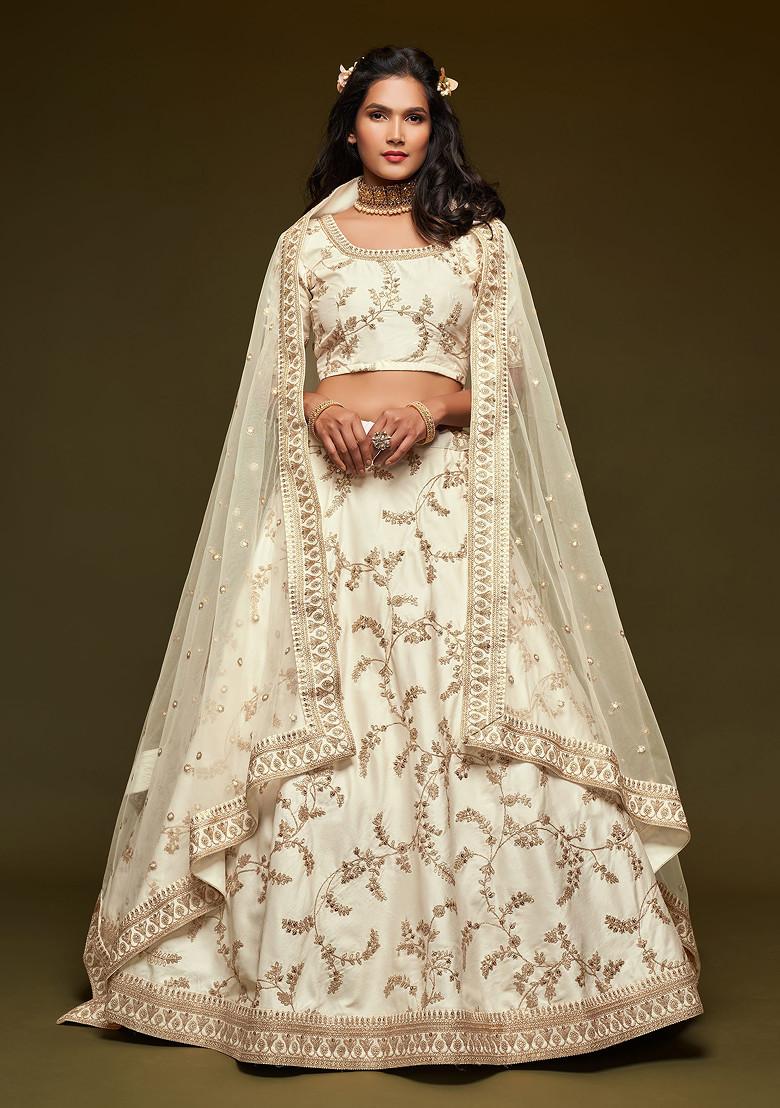 White Sequin Embroidered Work Art Silk Lehenga Set