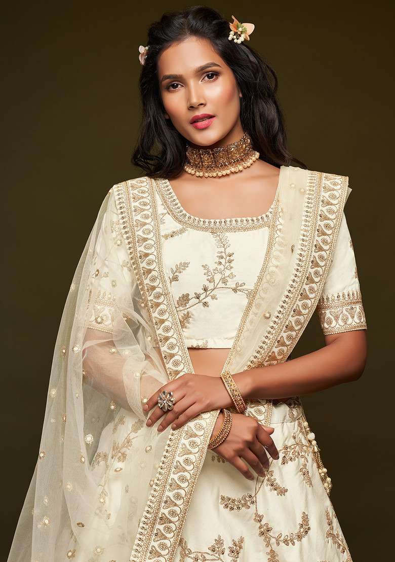 White Sequin Embroidered Work Art Silk Blend Lehenga Set - Indya