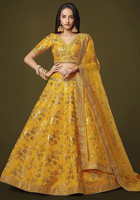Yellow Dori Embroidered Slub Silk Lehenga Set