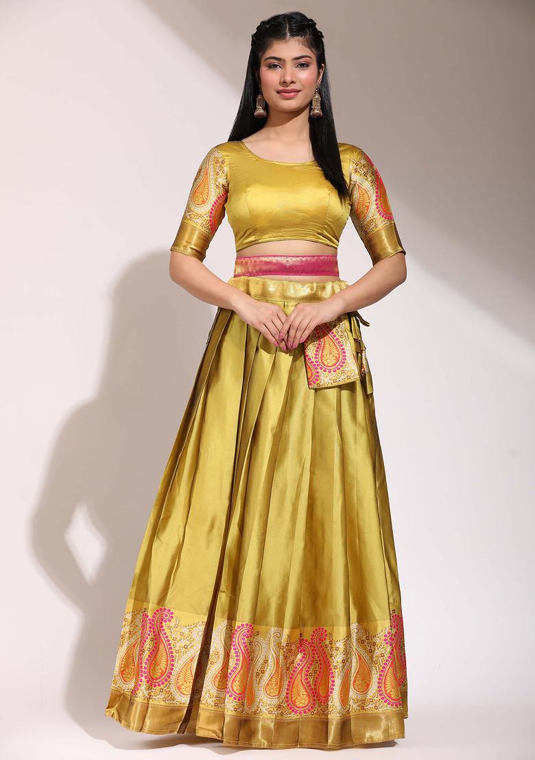 Yellow Woven Design Zari Embroidered Litchi Silk Lehenga Set