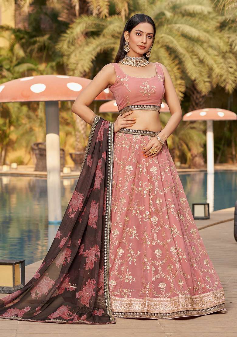 Pink And Brown Digital Print Embroidered Georgette Lehenga Set - Indya