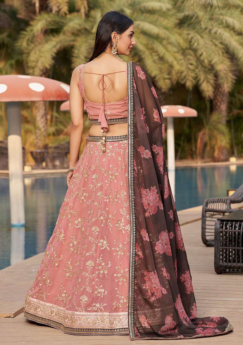 Pink And Brown Digital Print Embroidered Georgette Lehenga Set - Indya