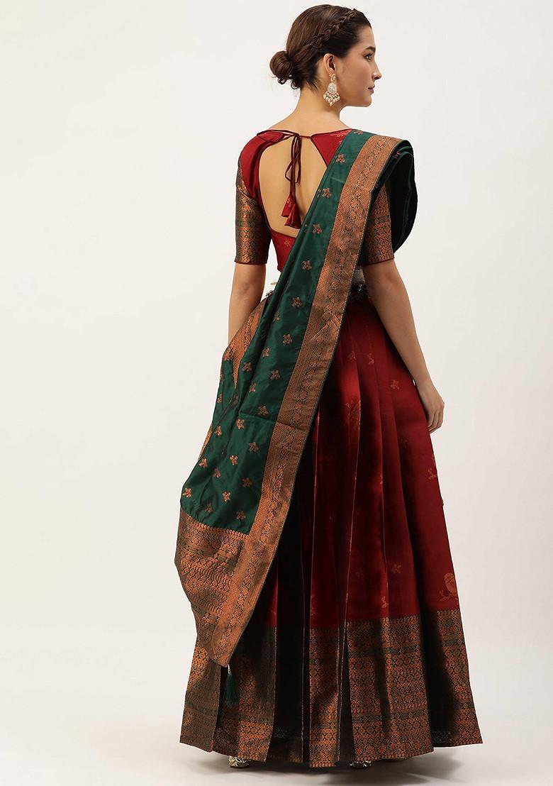 Maroon Woven Zari Embroidered Silk Lehenga Set