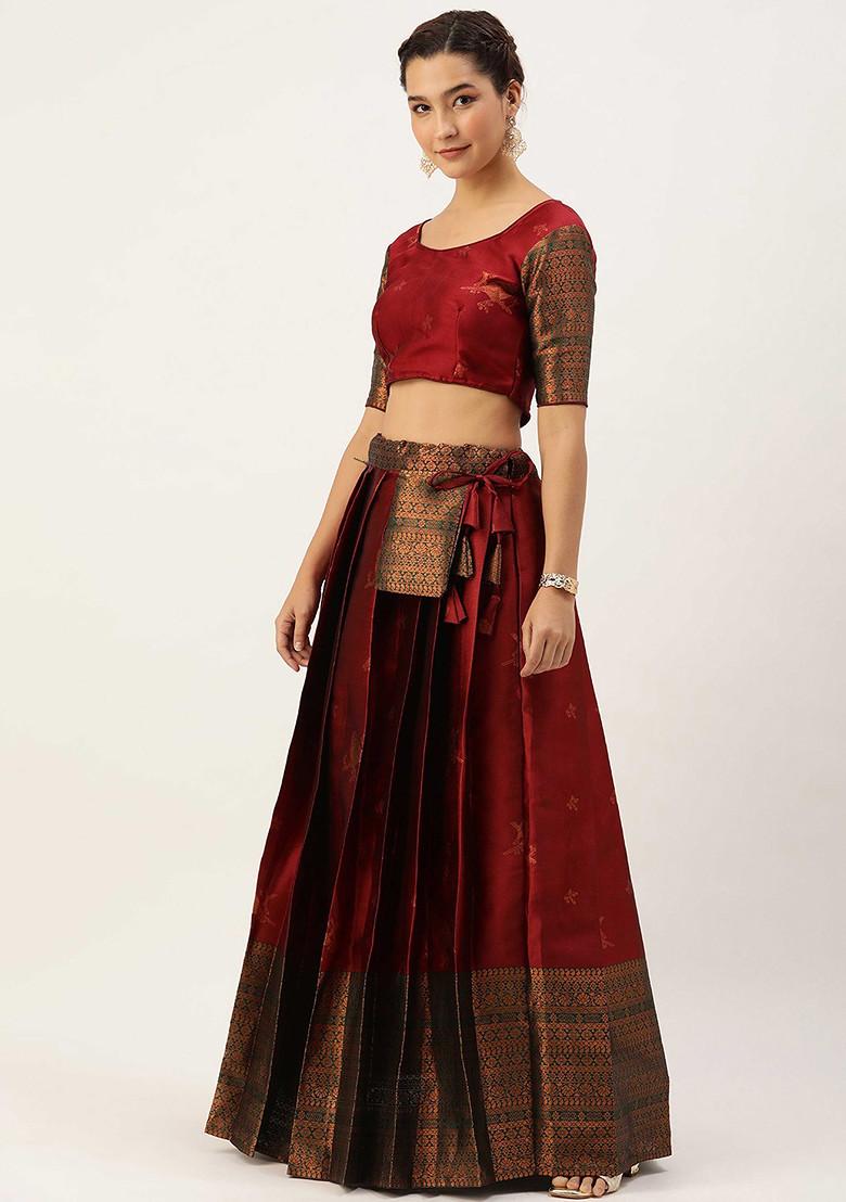 Maroon Woven Zari Embroidered Silk Lehenga Set