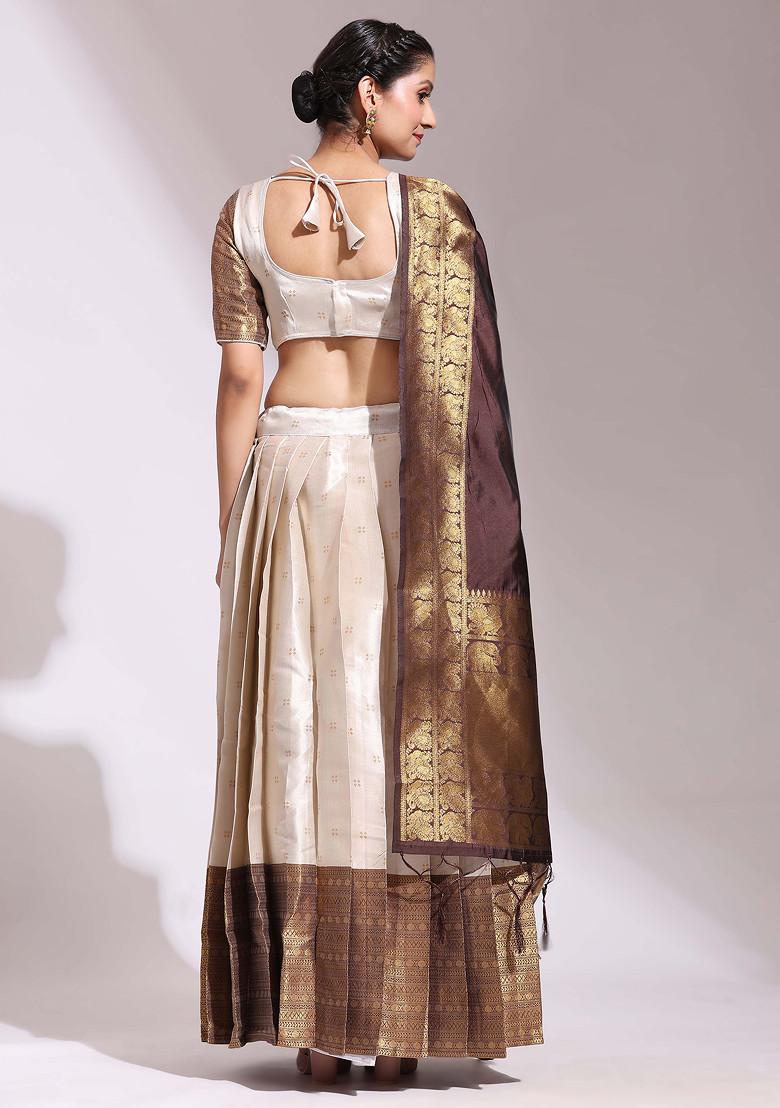 Cream Woven Design Zari Embroidered Lehenga Set