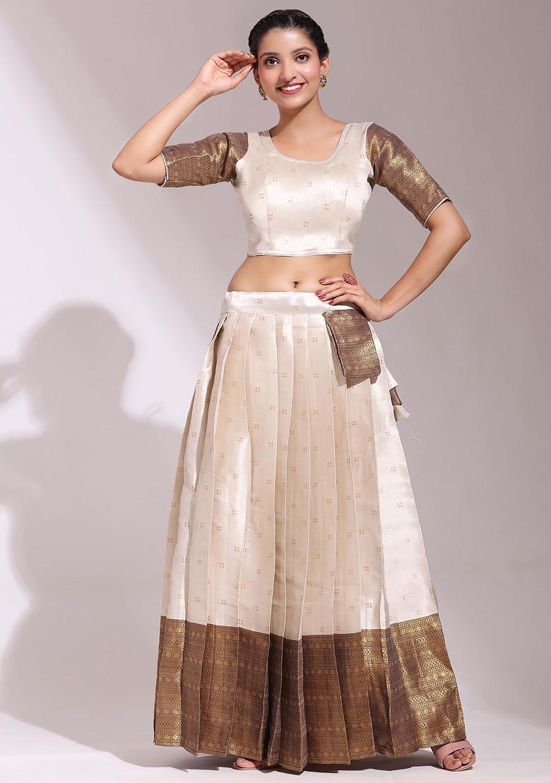 Cream Woven Design Zari Embroidered Lehenga Set
