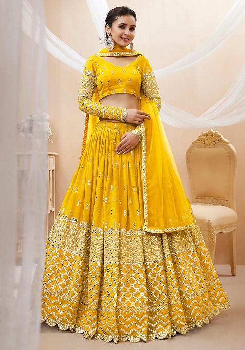 Yellow Sequin Zari Embroidered Georgette Lehenga Set