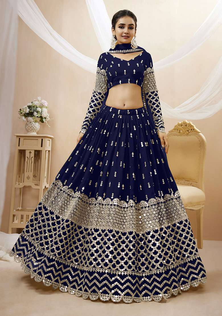 Navy Blue Sequin Zari Embroidered Georgette Lehenga Set - Indya