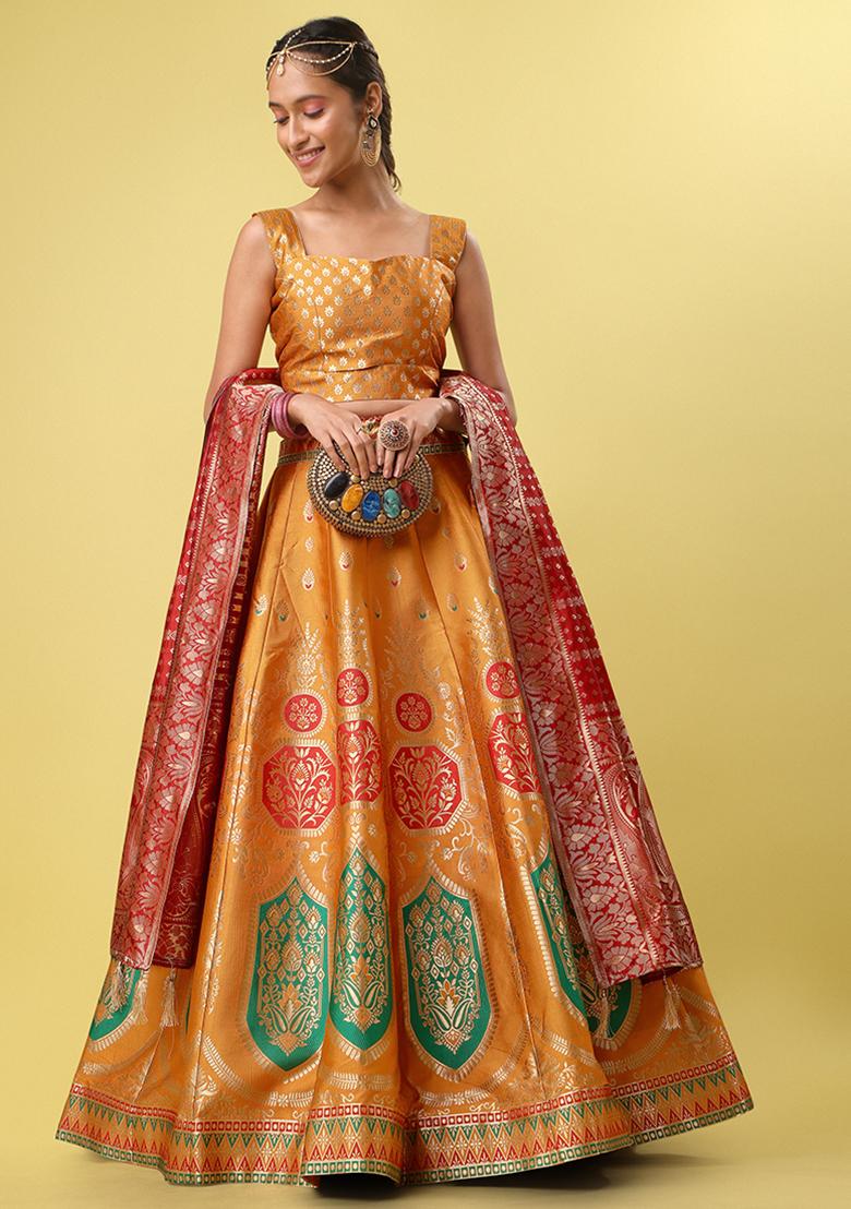 Light Orange Woven Zari Jacquard Lehenga Set