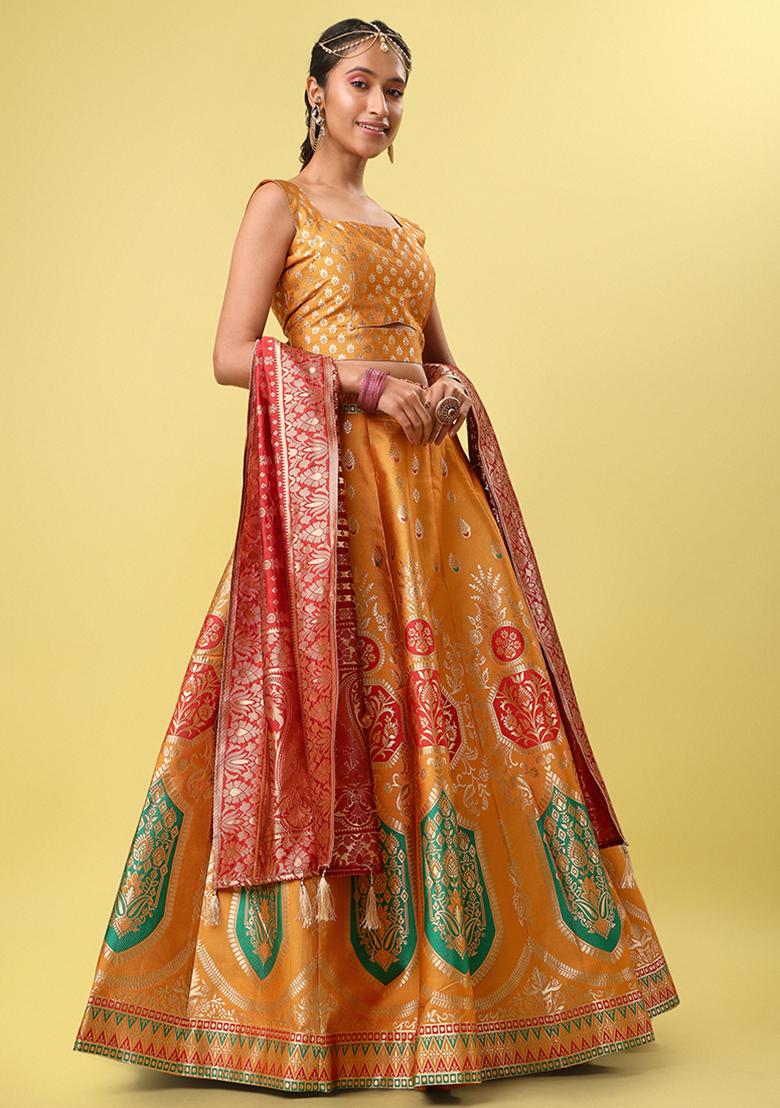 Light Orange Woven Zari Jacquard Lehenga Set