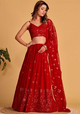 Red Sequin Thread Embroidered Georgette Lehenga Set