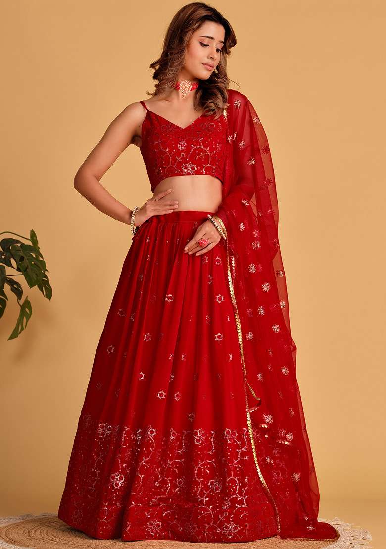 Red Sequin Thread Embroidered Georgette Lehenga Set - Indya