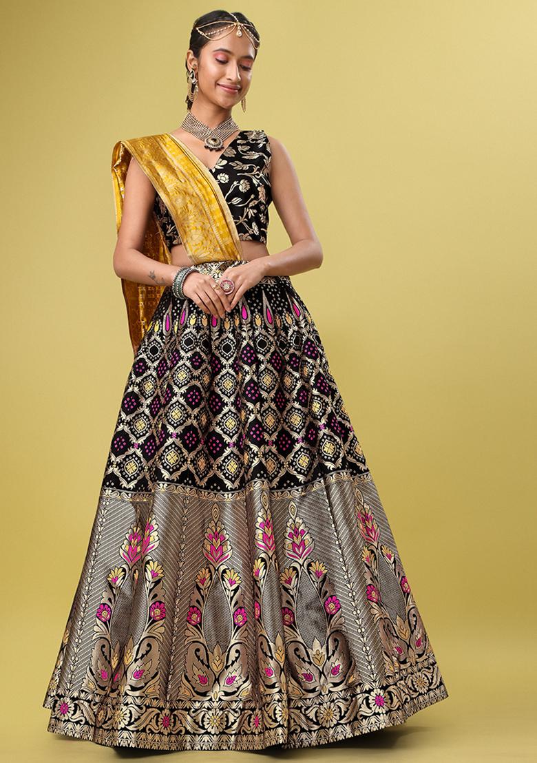 Black Zari Woven Banarasi Jacquard Lehenga Set