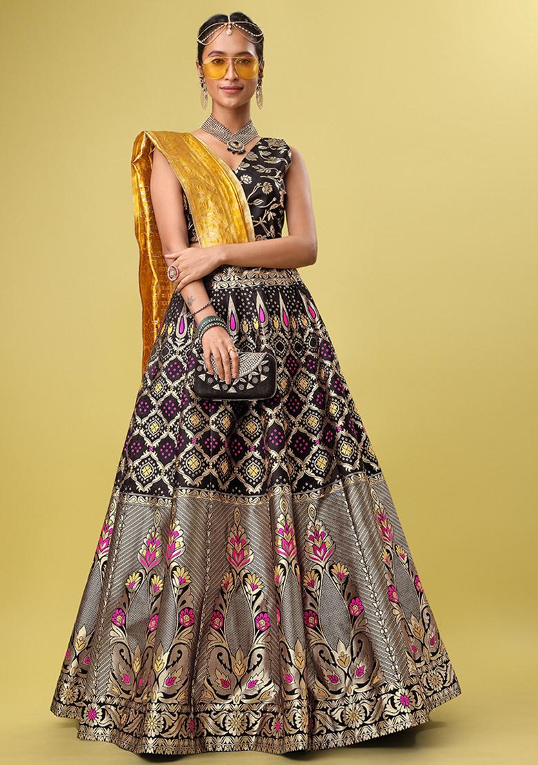 Black Zari Woven Banarasi Jacquard Lehenga Set