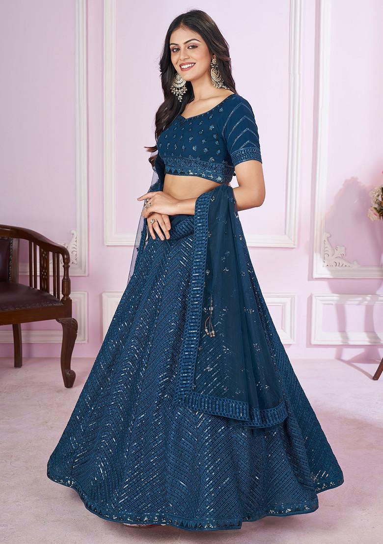 Blue Thread Embroidered Georgette Lehenga Set