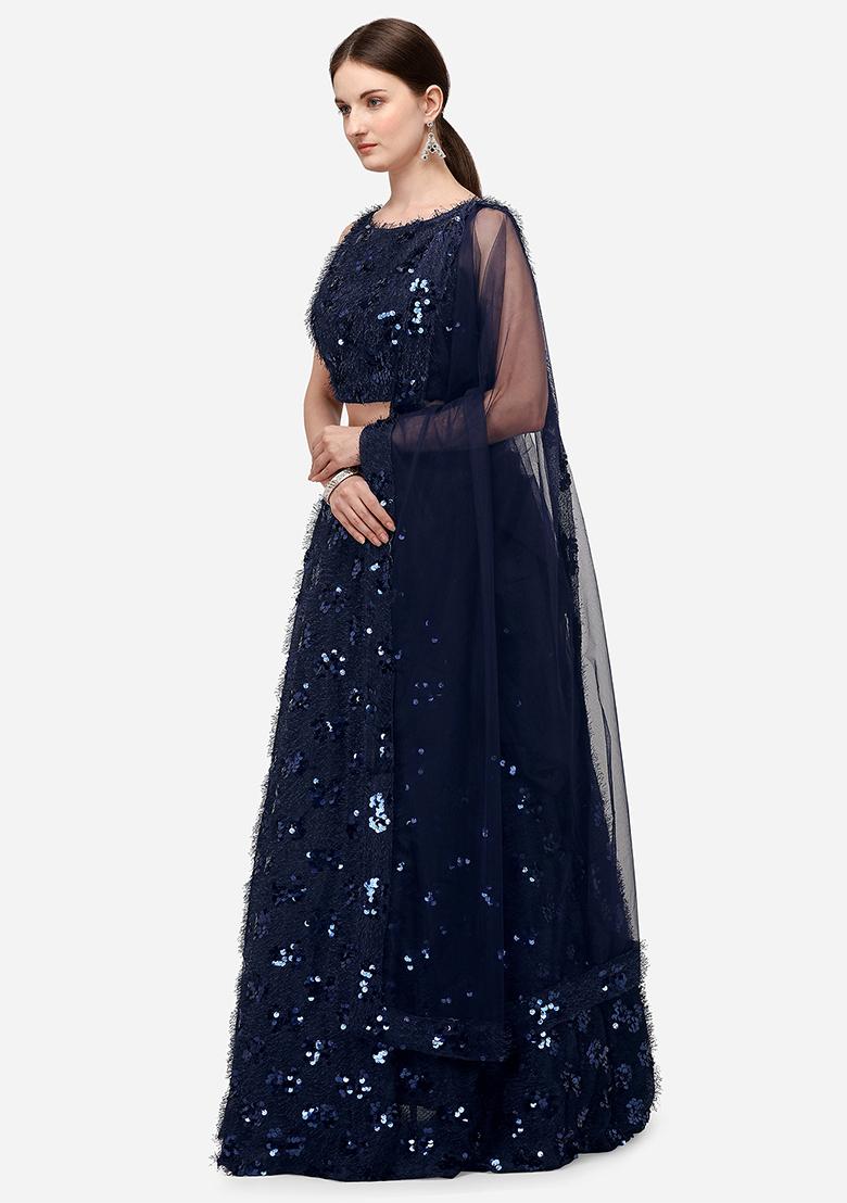Navy Blue Sequin Embroidered Silk Lehenga Set
