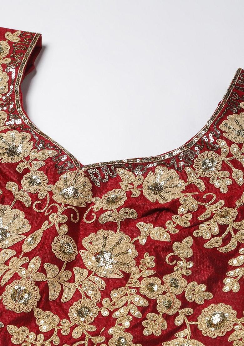 Maroon Sequin Dori Embroidered Raw Silk Lehenga Set