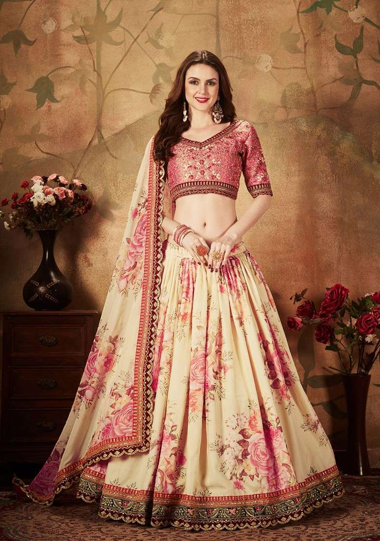 Peach And Beige Digital Print Zari Embroidered Lehenga Set - Indya