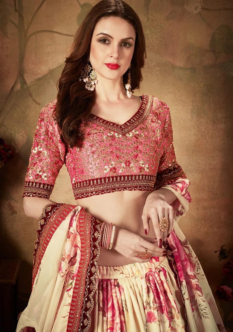 Peach And Beige Digital Print Zari Embroidered Lehenga Set