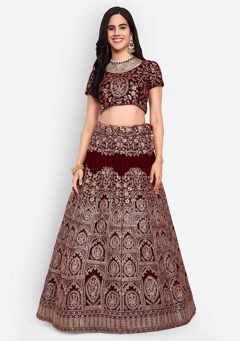 Red Thread Zari Embroidered Velvet Lehenga Set