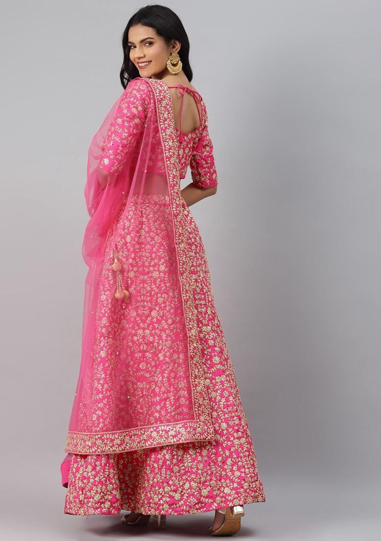 Pink Dori Embroidered Slub Silk Lehenga Set