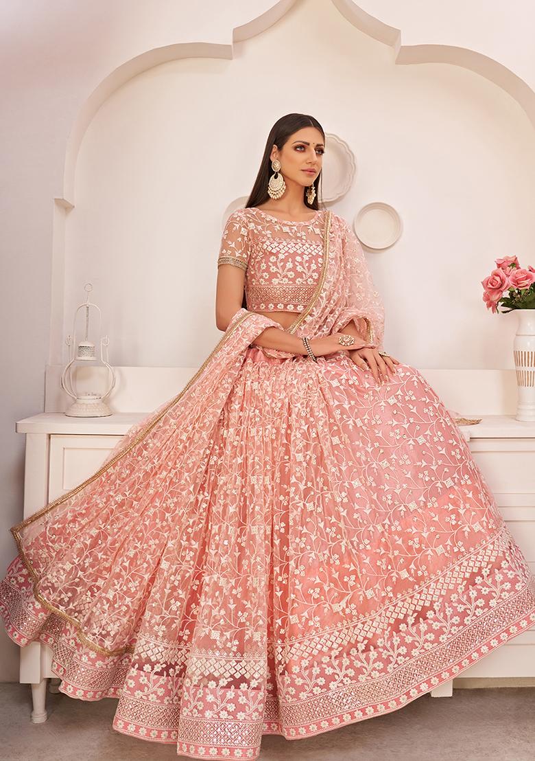 Light Pink Thread Sequin Embroidered Net Lehenga Set