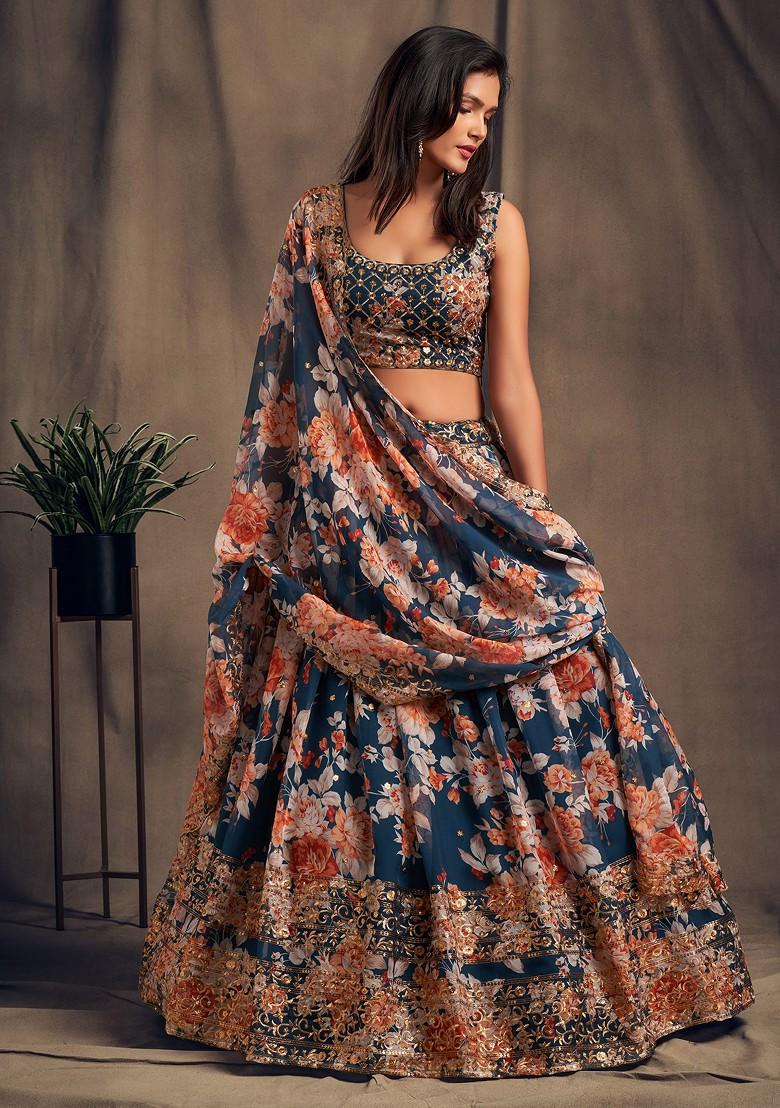 Dove Blue Floral Print Sequin Embroidered Lehenga Set