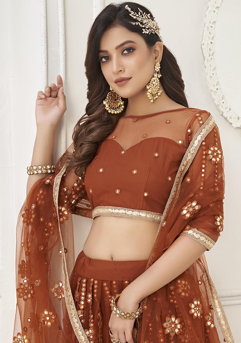 Brown Thread Zari Embroidered Net Lehenga Set