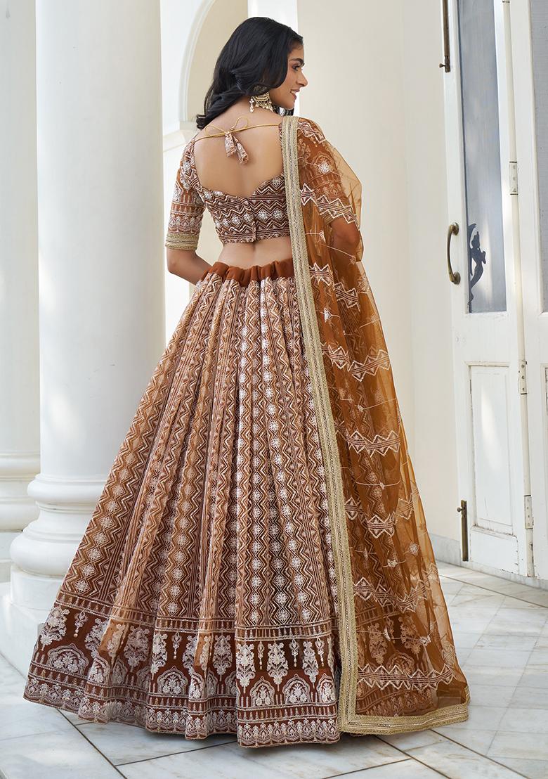Brown Thread Sequin Embroidered Net Lehenga Set