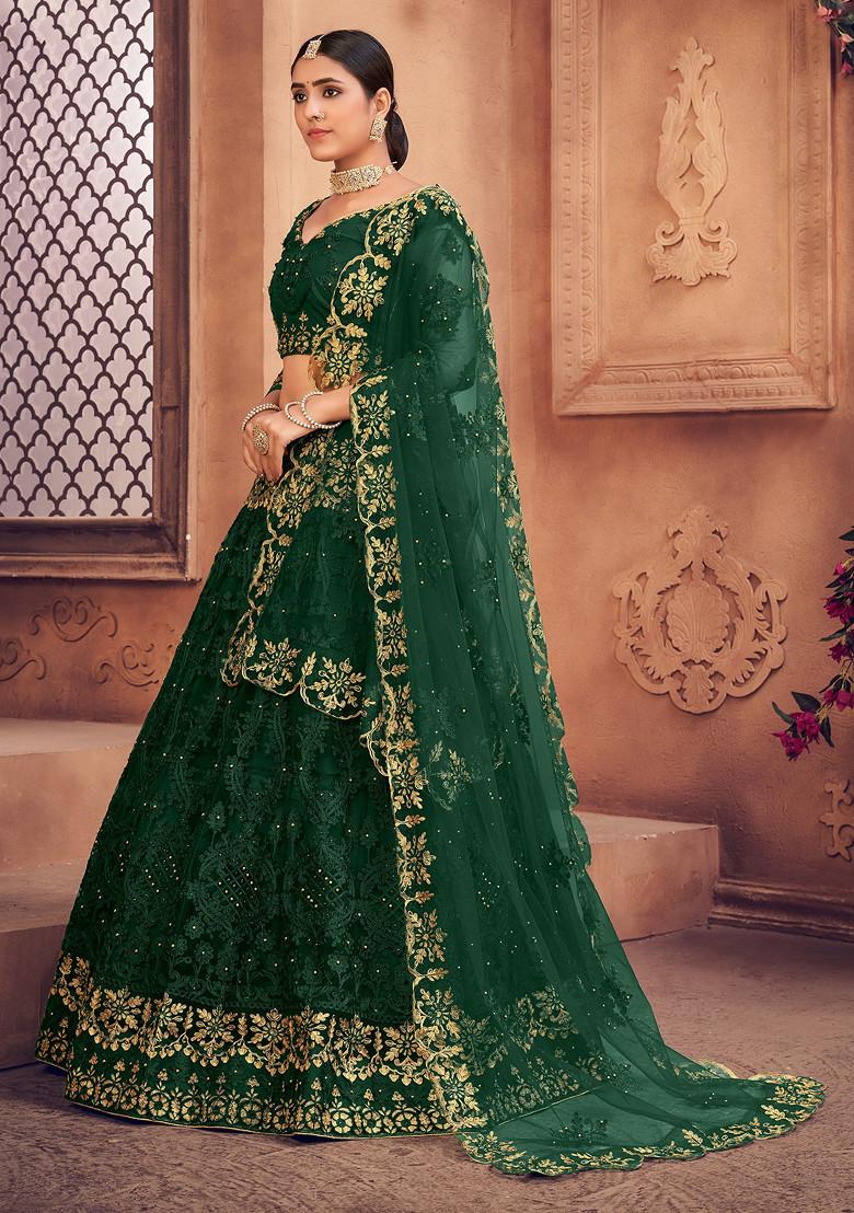 Dark Green Embroidered Heavy Net Lehenga Set