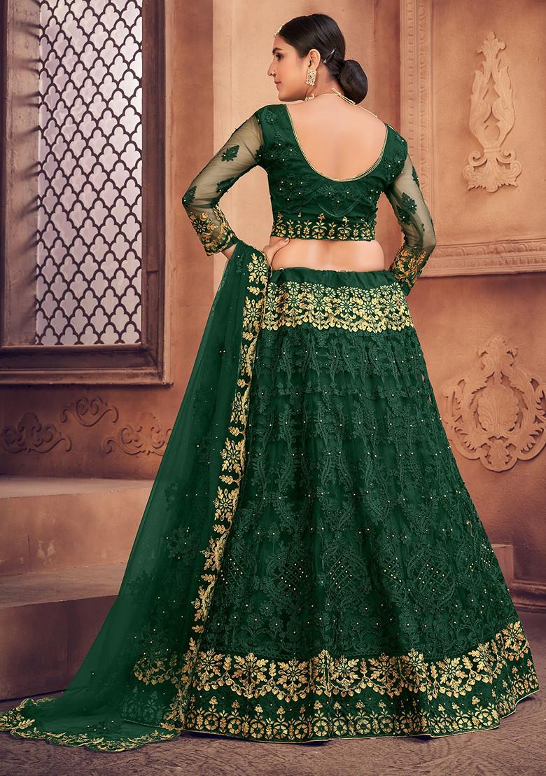 Dark Green Embroidered Heavy Net Lehenga Set