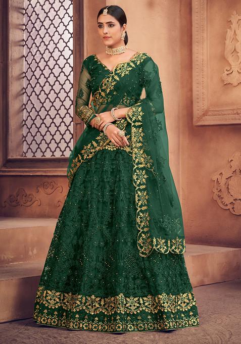 Dark Green Embroidered Heavy Net Lehenga Set