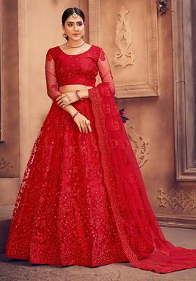 Dark Red Embroidered Net Lehenga Set