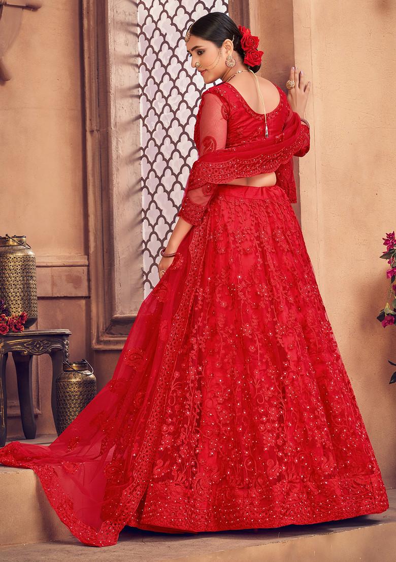 Dark Red Embroidered Net Lehenga Set