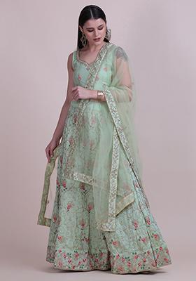 Light Green Embroidered Silk Lehenga Set