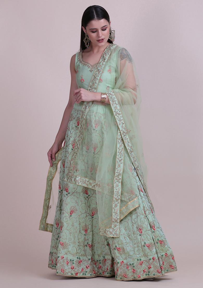 Light Green Embroidered Silk Lehenga Set