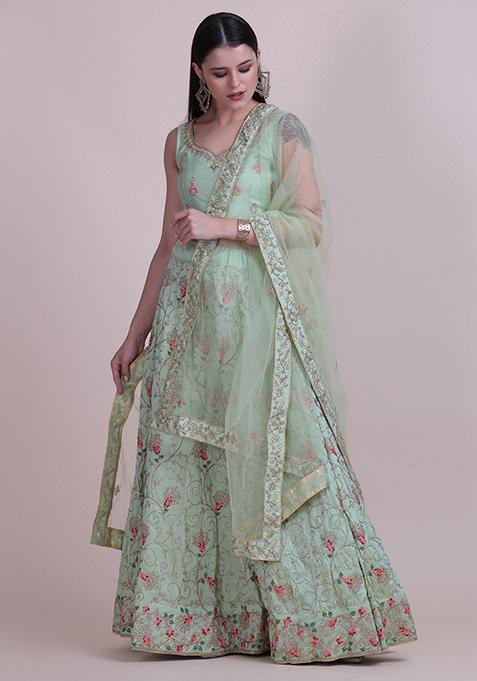 Light Green Embroidered Silk Lehenga Set
