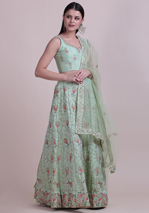 Light Green Embroidered Silk Lehenga Set