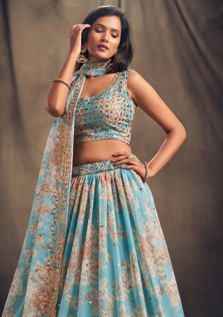 Sky Blue Floral Print Sequin Embroidered Lehenga Set