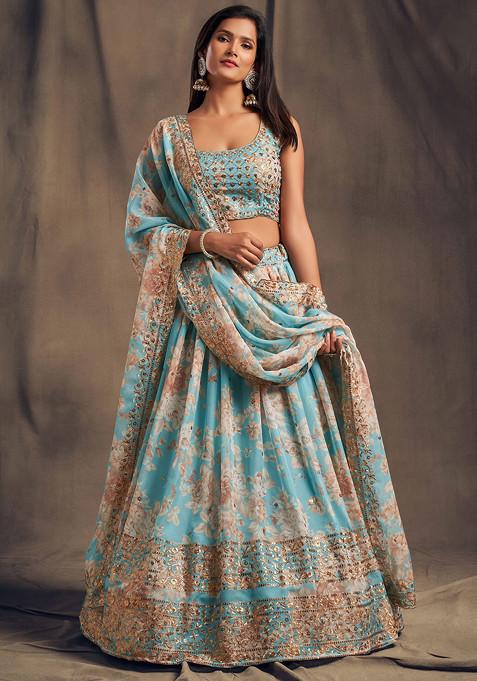 Sky Blue Floral Print Sequin Embroidered Lehenga Set