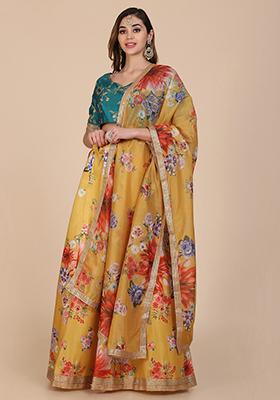 Yellow Embroidered Banglory Silk Lehenga Set