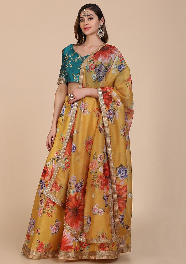 Yellow Embroidered Banglory Silk Lehenga Set
