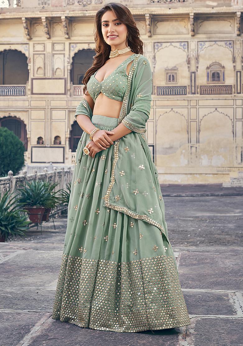 Sea Green Embroidered Georgette Lehenga Set