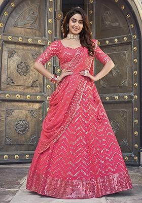 Pink Thread Embroidered Georgette Lehenga Set