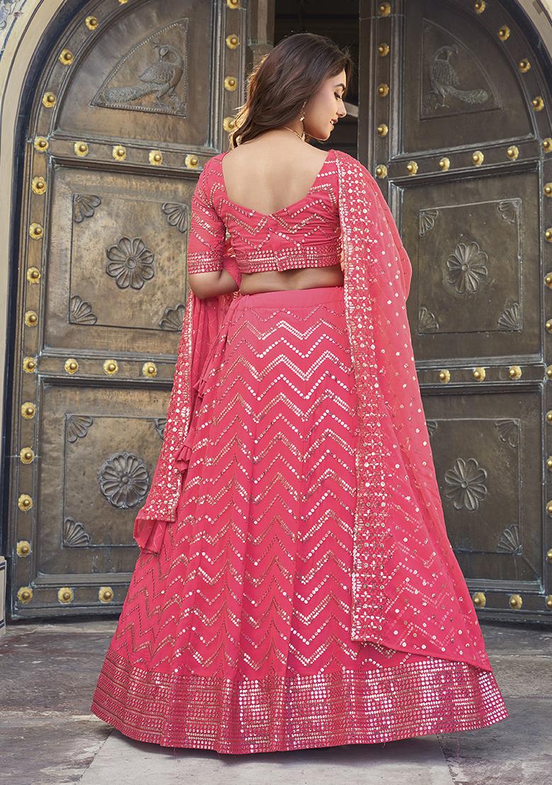 Pink Thread Embroidered Georgette Lehenga Set