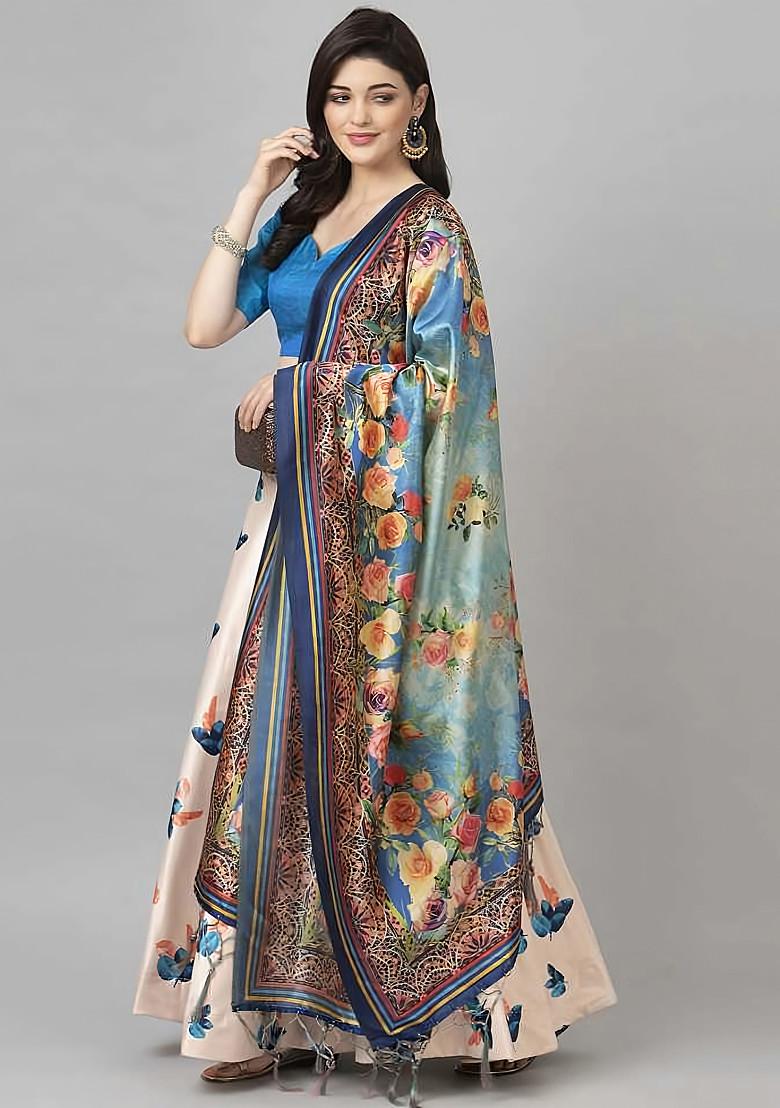 Teal Digital Print Silk Satin Lehenga Set