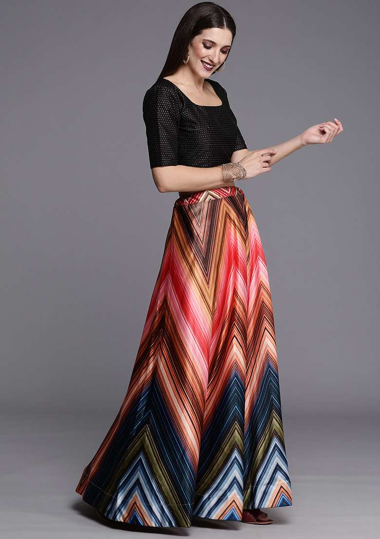 Black Printed Satin Silk Blend Lehenga Set - Indya