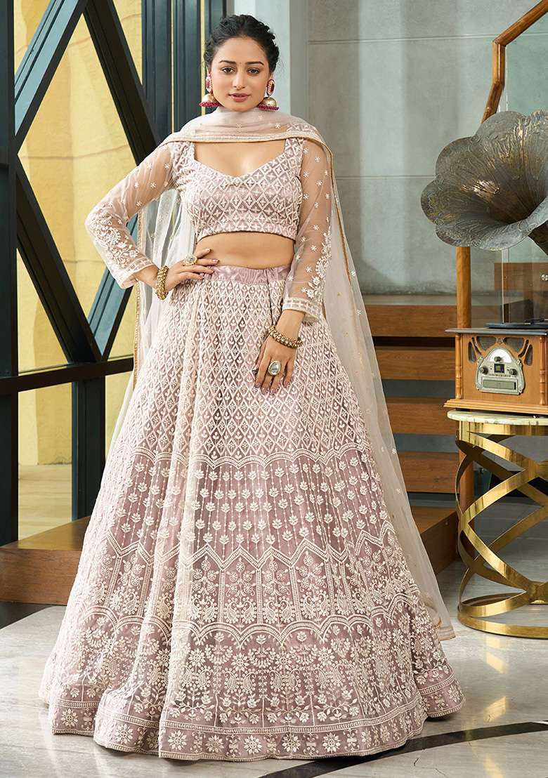 Cream Embroidered Net Lehenga Set - Indya