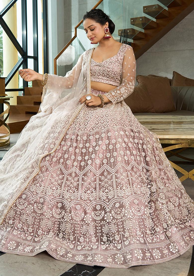 Cream Embroidered Net Lehenga Set