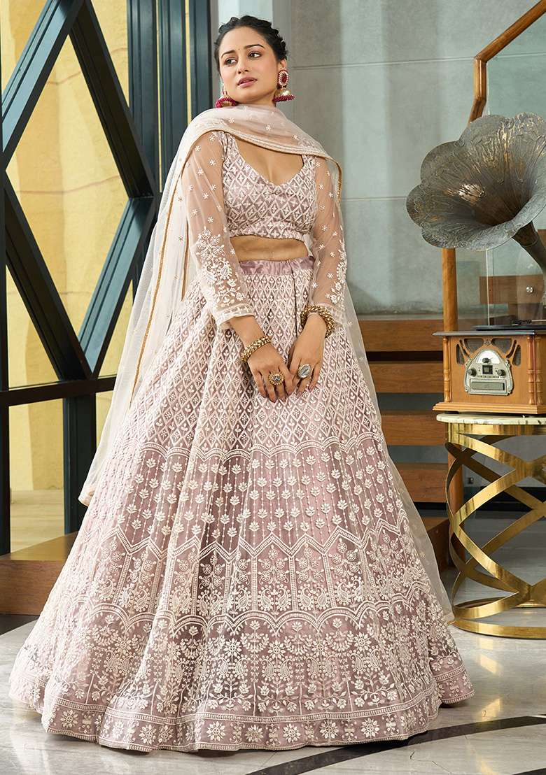 Cream Embroidered Net Lehenga Set - Indya